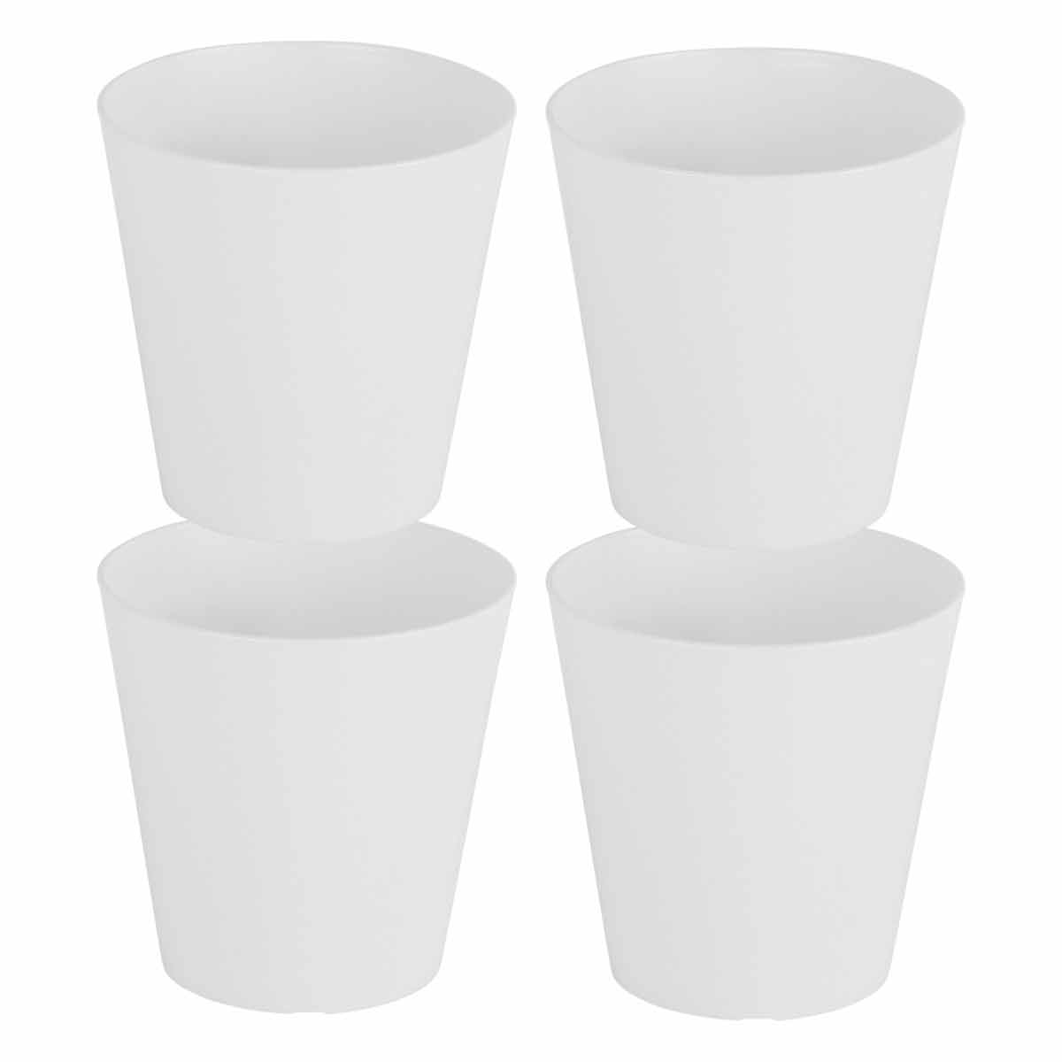 Set of four 14cm round white planters made from durable plastic, featuring a smooth finish and tapered design for modern decor.