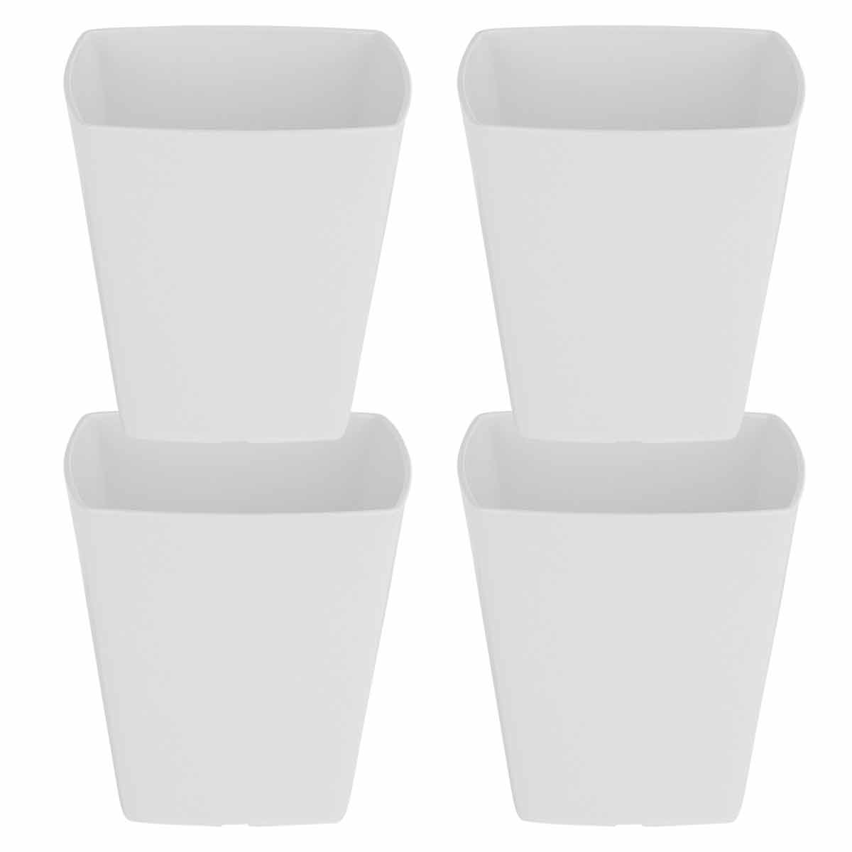 Set of four 14cm square planters in a sleek white plastic finish, featuring a modern design with slightly tapered sides and rounded corners.