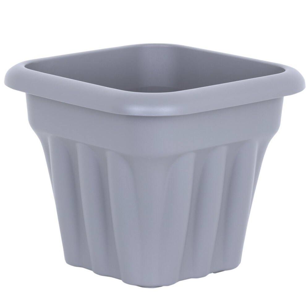Grey plastic square planter with a lightweight design, featuring ribbed sides and a 25cm size, ideal for flowers and garden use.