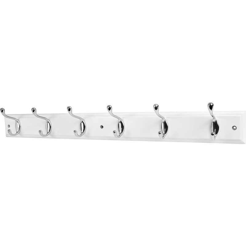 Six chrome hat and coat hooks mounted on a ridged white board, featuring a sleek design and a glossy finish, ideal for organizing outerwear and accessories.