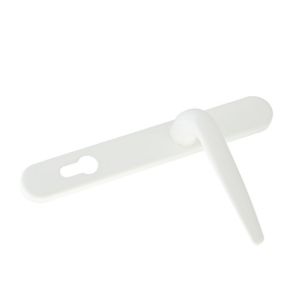 White Yale Essentials short backplate door handle with a sleek design, featuring a curved lever and a rectangular backplate with a keyhole cutout.