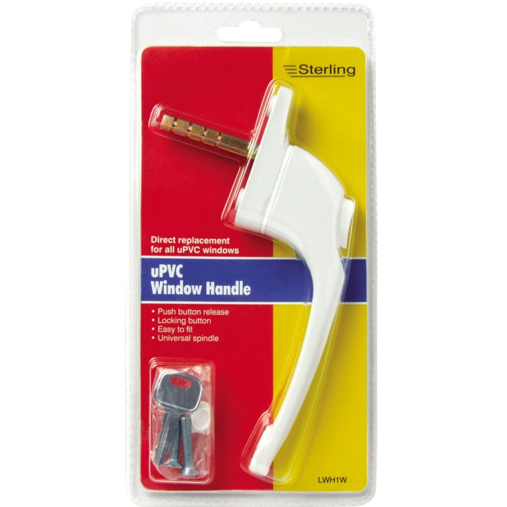 White UPVC window handle with a curved design, featuring a push button release, locking mechanism, and includes screws and a key for installation.