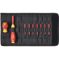 Wiha 10 Piece VDE Slimvario Screwdriver Set with red handles, yellow accents, and interchangeable blades in black case.