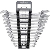 Wiha 12 Piece Double Open End Spanner Set with silver wrenches in black plastic holder, various sizes visible.