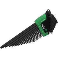 Black and green Wiha 13 Piece Ergostar Magicspring Torx Key Set with varying sizes in a compact holder.