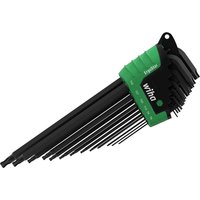 Black and green Wiha 13 piece Ergostar Prostar Torx key set with L-shaped keys in a compact holder.