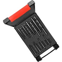 Wiha 16 Piece Screw Extractor Set in black case with red latch, featuring various sizes of extractors and drill bits.