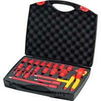 Wiha 21 Piece VDE Insulated Socket Set in black case with red and yellow tools, foam insert for organization.
