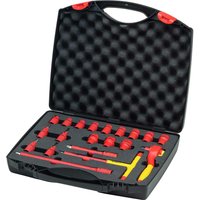 Wiha 21 Piece VDE Insulated Socket Set in black case with red and yellow handles, organized in foam insert.