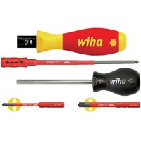 Red and yellow Wiha Torquevario-S Electric Screwdriver Set with interchangeable blades and ergonomic handles.