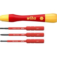 Wiha 4 Piece VDE Picofinish Slimvario Screwdriver Set, red and yellow handle with interchangeable slim blades.
