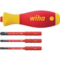 Wiha 4 Piece VDE Softfinish SlimVario Screwdriver Set with red and yellow ergonomic handle and interchangeable blades.