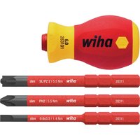 Wiha 4 Piece VDE Slimvario Stubby Screwdriver Set with red and yellow handle, interchangeable red blades.