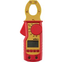 Red and yellow Wiha 45219 Digital Clamp Multimeter with rotary dial, LCD screen, and clamp for measuring current.