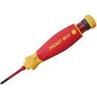 Red and yellow Wiha Electric Pocketmax screwdriver with interchangeable bits stored in handle.