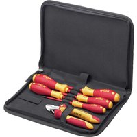 Red and yellow Wiha VDE insulated screwdriver and side cutters set in a black zippered case.