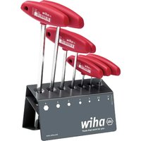 Red-handled Wiha 8 Piece T Handle Hexagon Allen Key Set on a black stand with size markings.