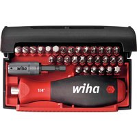 Black and red Wiha screwdriver set with 32 bits, ergonomic handle, and compact storage case.