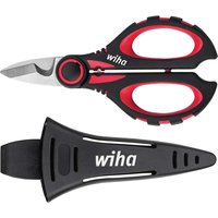 Wiha Craftsmans Cutters Electricians Scissors with red and black ergonomic handles and protective black sheath.