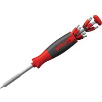 Red and black Wiha Liftup 26 multi-bit screwdriver with extendable handle and multiple slim bits stored in the grip.