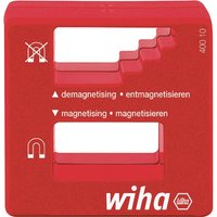 Red Wiha Magnetiser and Demagnetiser with labeled slots for magnetising and demagnetising, featuring Wiha logo.