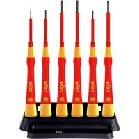 Red and yellow Wiha Picofinish precision VDE screwdriver set with slotted and Phillips tips in a black stand.