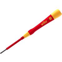 Wiha Picofinish VDE insulated slotted screwdriver, red handle with yellow accents, slim precision tip.