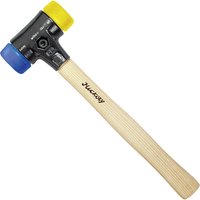 Wiha Soft Face Safety Hammer with wooden handle, black head, and interchangeable yellow and blue rubber striking faces.