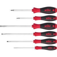 Wiha Softfinish 6 Piece Screwdriver Set with red and black ergonomic handles, includes slotted and Pozi tips.