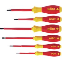 Red and yellow Wiha Softfinish 6 Piece VDE Insulated Slotted/Pozi Screwdriver Set with ergonomic handles.