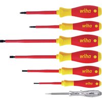 Wiha Softfinish 7-piece VDE insulated screwdriver set with red and yellow handles, slotted and Phillips tips.