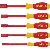 Wiha Softfinish Electric 6 Piece VDE Insulated Hex Nut Driver Set, red and yellow handles with hexagonal shafts.