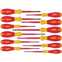 Wiha Softfinish Slimfix 12-piece VDE insulated screwdriver set with red and yellow ergonomic handles.