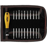 Wiha System 4 precision ESD screwdriver set with yellow handle, 11 interchangeable bits in black folding case.