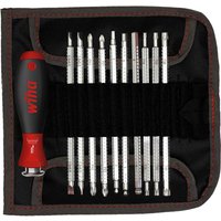 Wiha System 6 screwdriver set with red handle, 11 silver interchangeable bits in black fabric case.