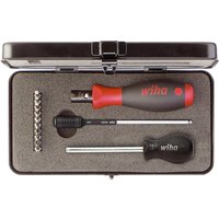 Wiha TorqueVario-S Torque Screwdriver set with red and black handle, 10 bits, in a compact black case.