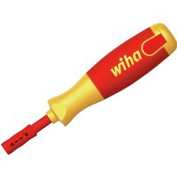 Red and yellow Wiha VDE Liftup screwdriver with interchangeable bits and ergonomic handle.