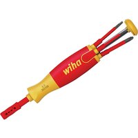 Red and yellow Wiha VDE Liftup screwdriver with six interchangeable bits stored in the handle.