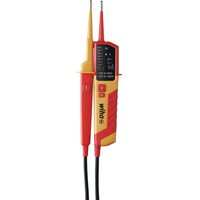Red and yellow Wiha voltage and continuity tester with dual probes and digital display.