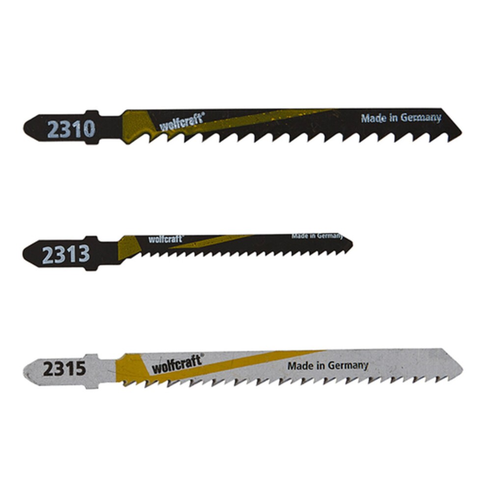 Six jigsaw blades in various lengths and colors, featuring black and silver metal with distinct serrated edges, labeled with model numbers, designed for woodworking.