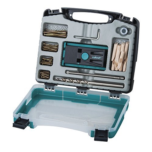 Wolfcraft 4642000 Undercover Jig Set in a black and teal case, featuring drill bits, pocket hole screws, wooden plugs, and a jig for creating hidden joints.