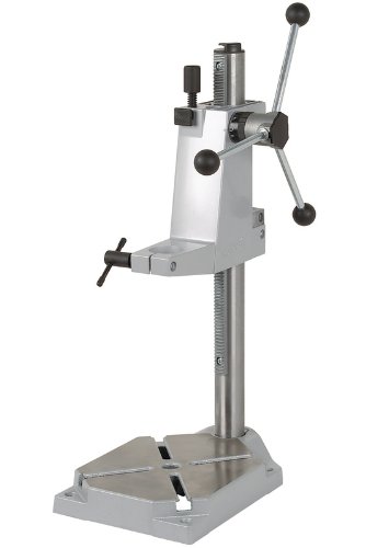 Wolfcraft 5027000 drill stand features a sturdy silver metal construction with adjustable height, a stable base, and a hand crank for precise drilling angles.