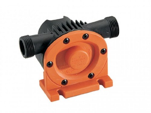 Wolfcraft 2207000 Power Drill Pump Attachment features a black and orange plastic body with threaded connectors, designed for non-toxic water use, showcasing a compact and durable construction.