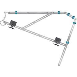 Wolfcraft 5210000 stair gauge features a silver aluminum frame with blue plastic connectors, designed for accurately transferring measurements on large staircases.
