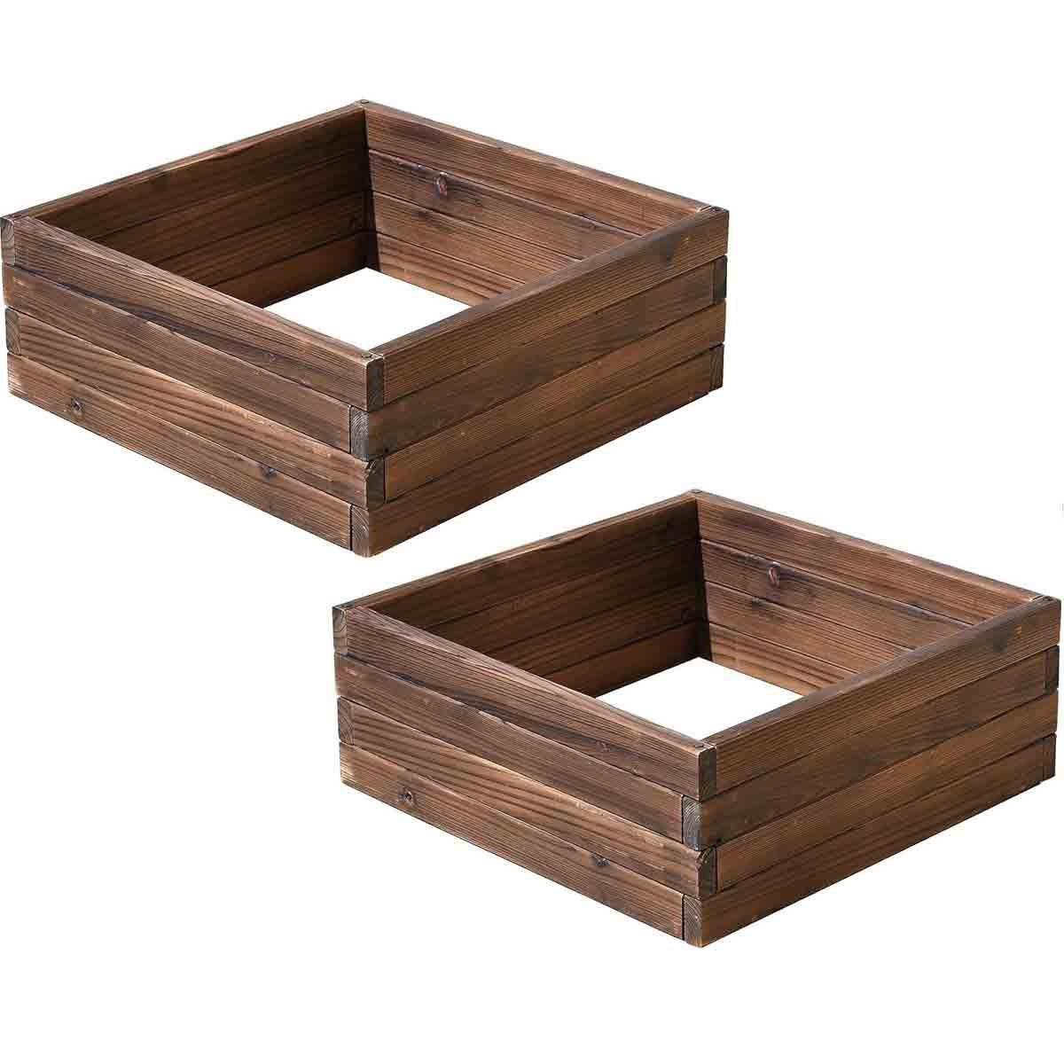 Two brown wooden raised garden beds, each measuring 60x60 cm, featuring a sturdy, slatted design with open tops for planting.