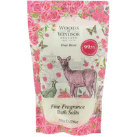 Woods Of Windsor True Rose Bath Salt 500g in floral pink packaging with deer and peacock illustrations.