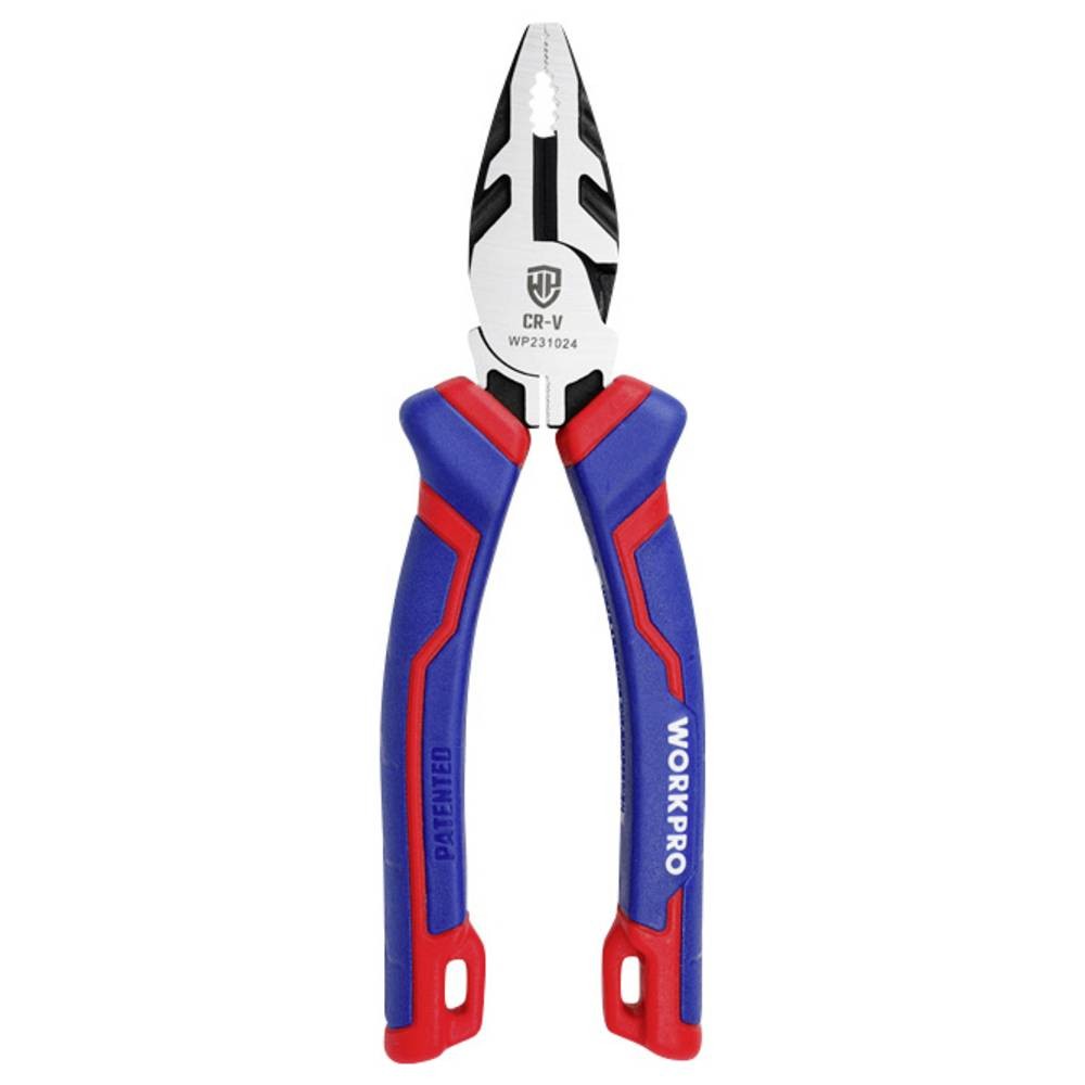 Red and blue rubberized handles with ergonomic grip, steel jaws, and a shiny chrome finish, featuring a combination of cutting and gripping edges, labeled with "WORKPRO" and "CR-V."