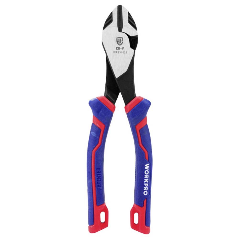 Universal side cutter with 180 mm steel jaws, featuring black and red rubberized handles for a secure grip, branded with WorkPro logo on the side.