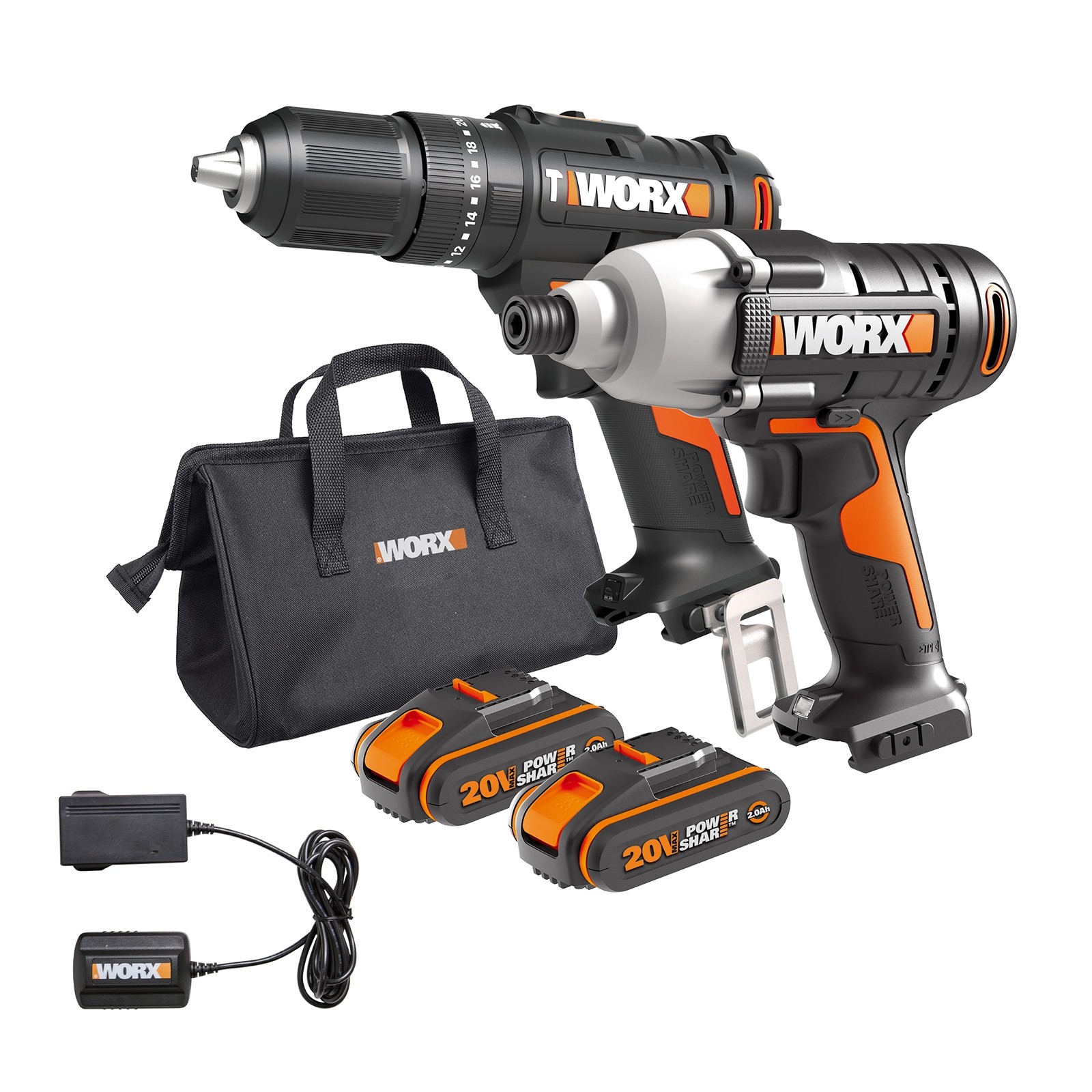 Worx WX902 cordless combi drill and impact driver set in black and orange, includes two 2.0Ah batteries, charger, and a carrying bag.