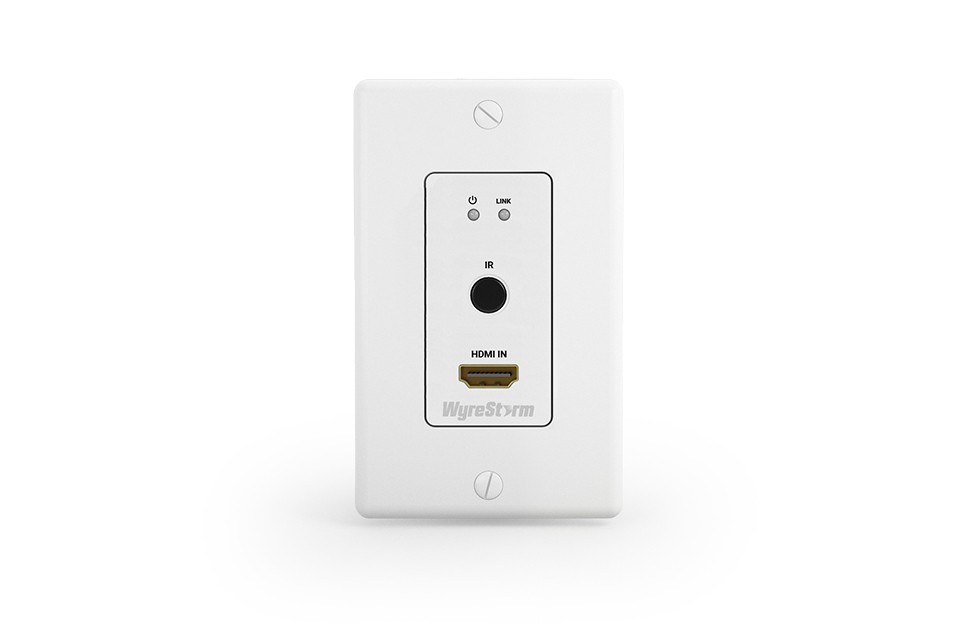 WyreStorm TX-35-IW HDMI socket-outlet in white, featuring an HDMI input, IR sensor, and indicator lights, designed for wall installation.
